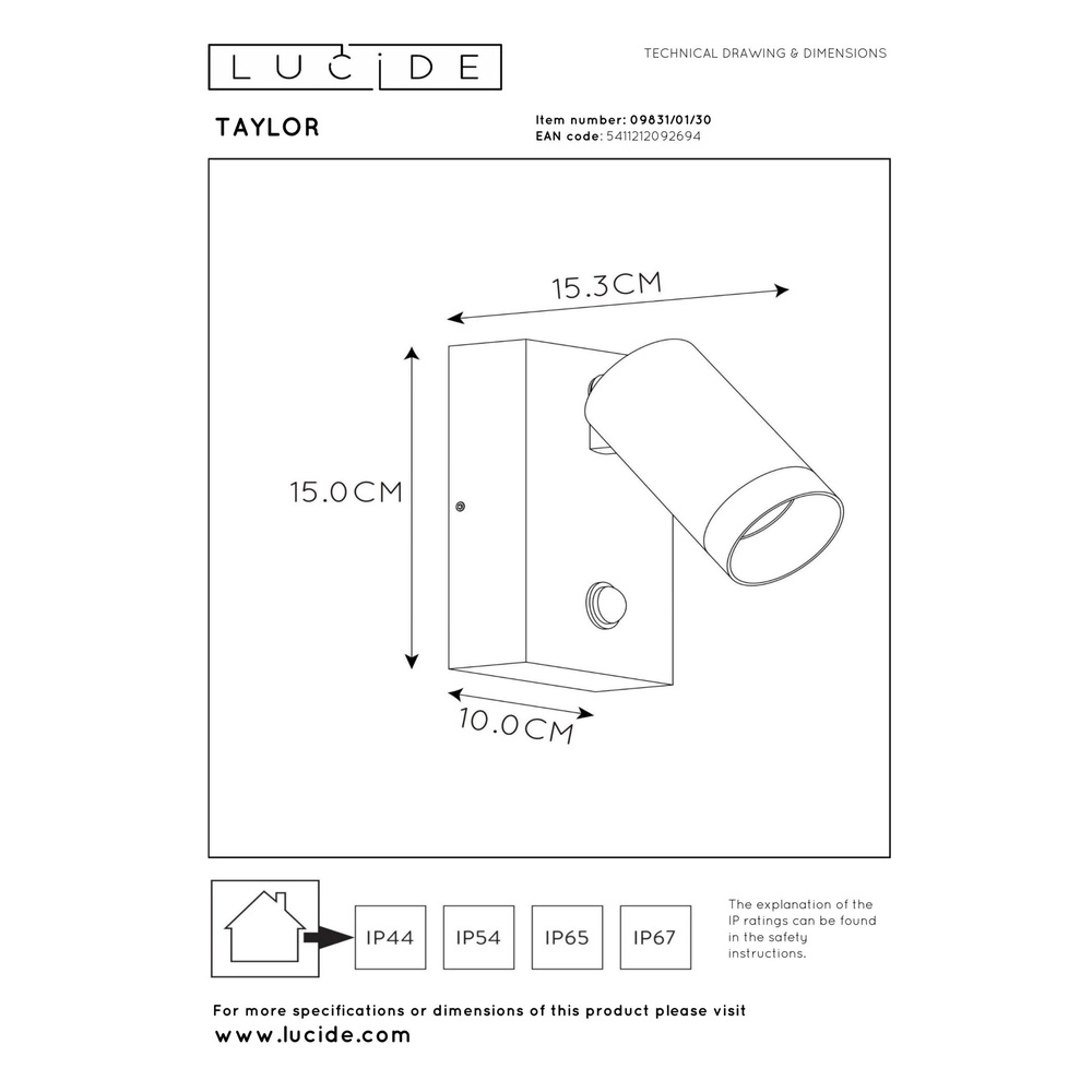 Wall spotlight Taylor IP54 with sensor black Lucide 5411212092694