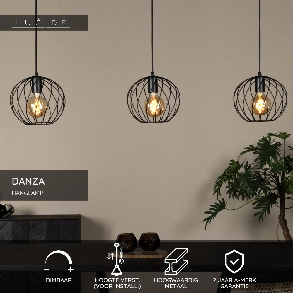 3-light pendant lamp Danza Black Lucide 5411212211552