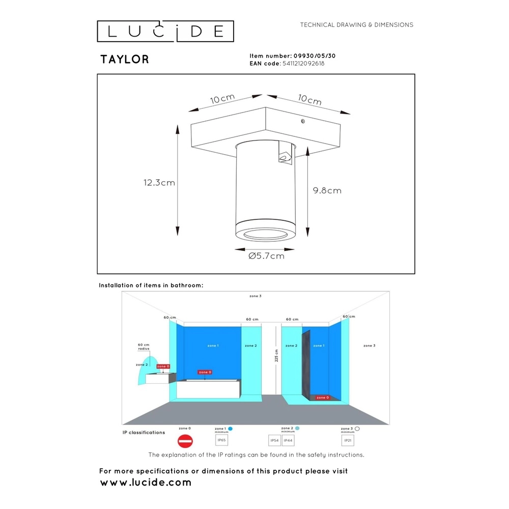 Ceiling spotlight Taylor IP44 single black Lucide 5411212092618