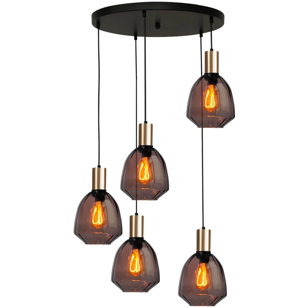 5-light loft hanging lamp - gold - Porto with Nicolette red glasses