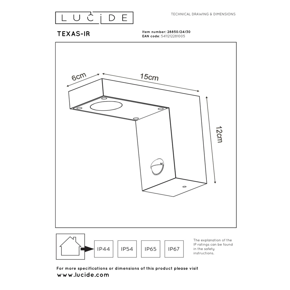 Wall lamp Texas-Ir anthracite with sensor Lucide 5411212281005