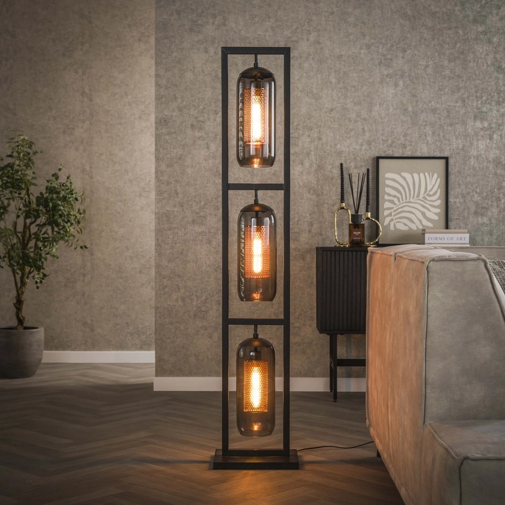 Glass floor lamp Smoke 3x E27 - 158cm - black with copper