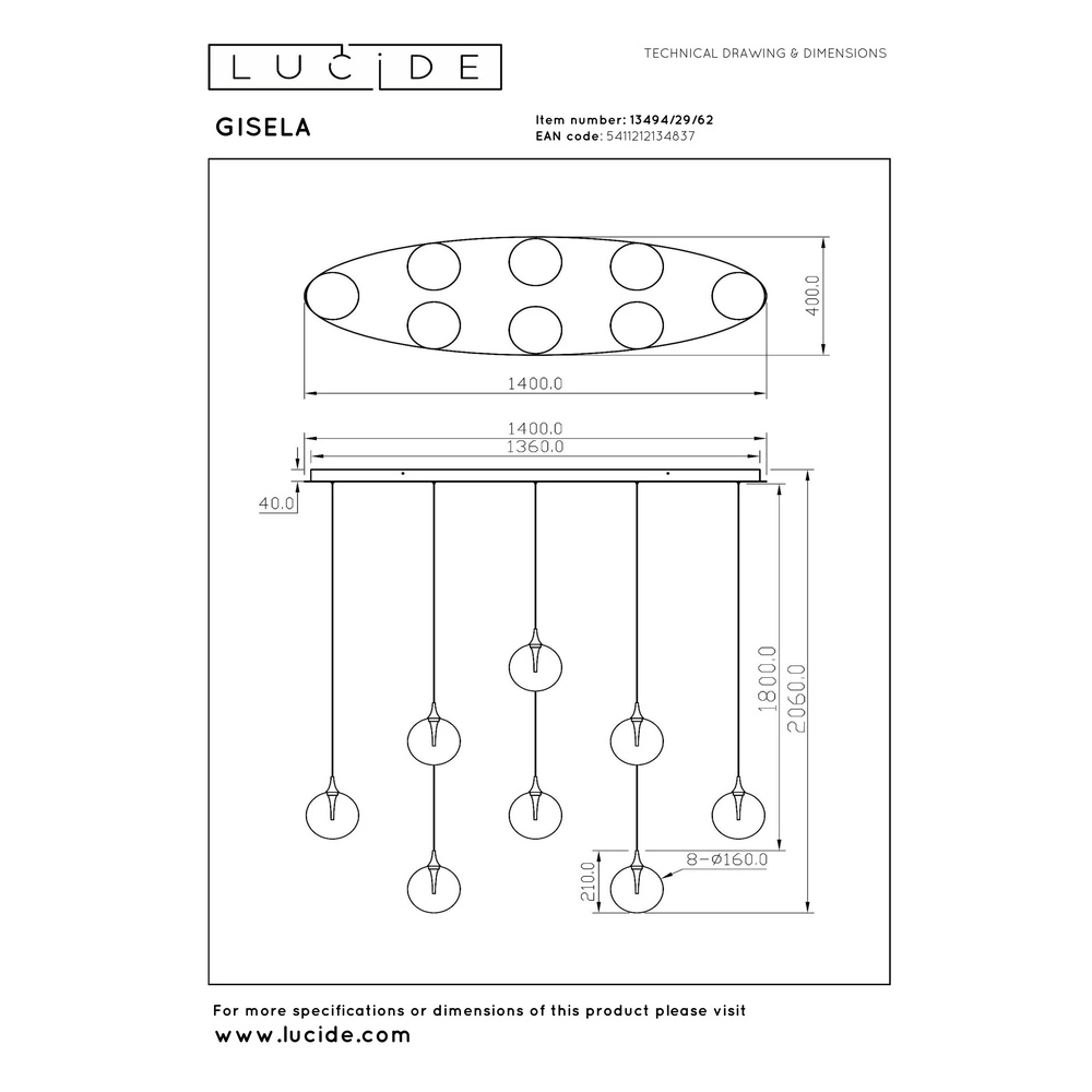 Design LED pendant light Gisela fading - 8x Ø 16cm Premium by Lucide 5411212134837