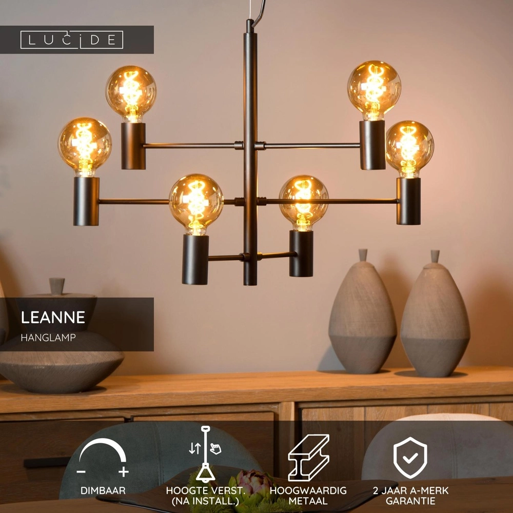 Pendant lamp Leanne 6-light black Lucide 5411212211095