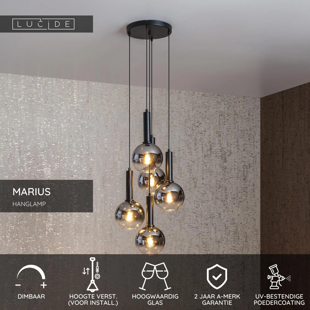 Pendant lamp Marius 5-light black Lucide 5411212452245