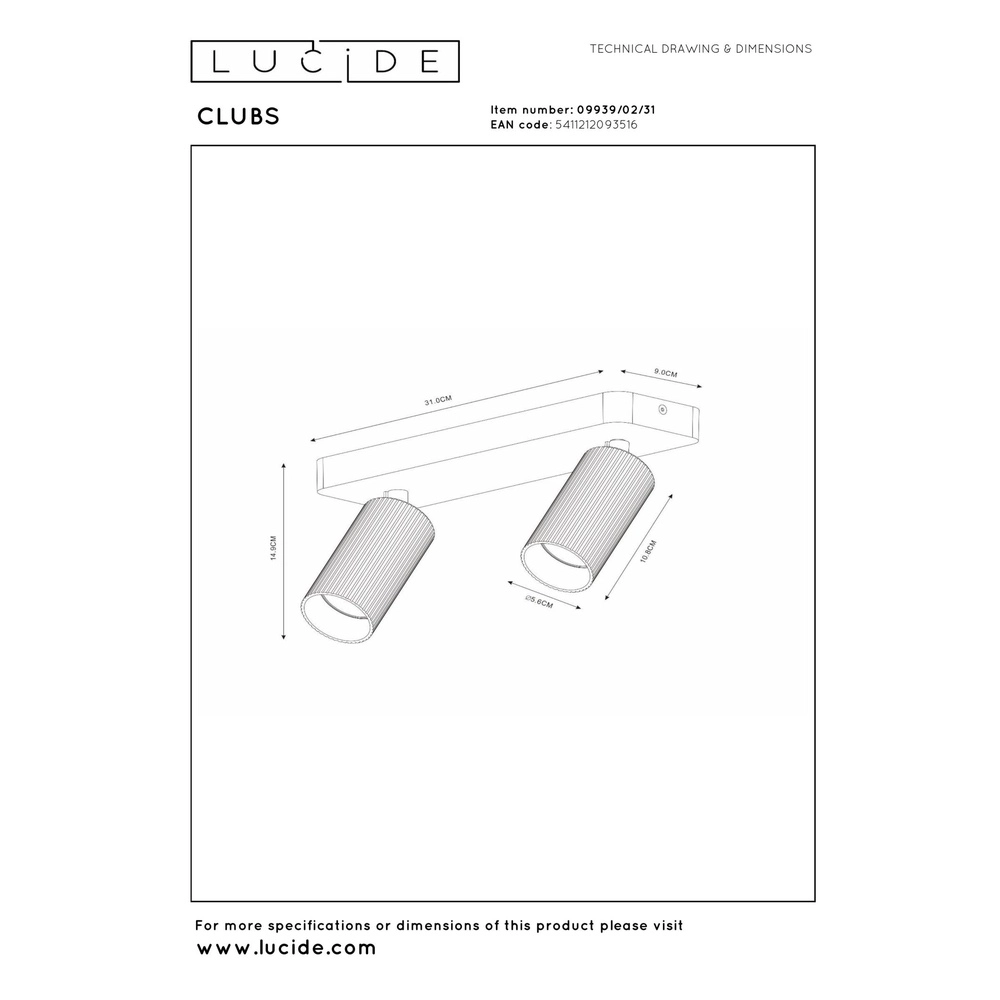 Surface-mounted ceiling spot Clubs 2-light white Lucide 5411212093516