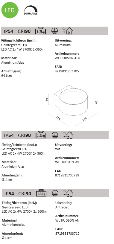 LED wall spot Hudson 11cm - white Artdelight 8719831733729
