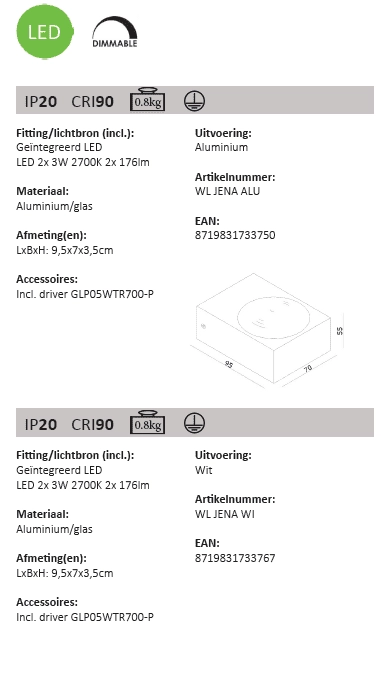LED wall spot Jena 2x3w - 2700K white Artdelight 8719831733767