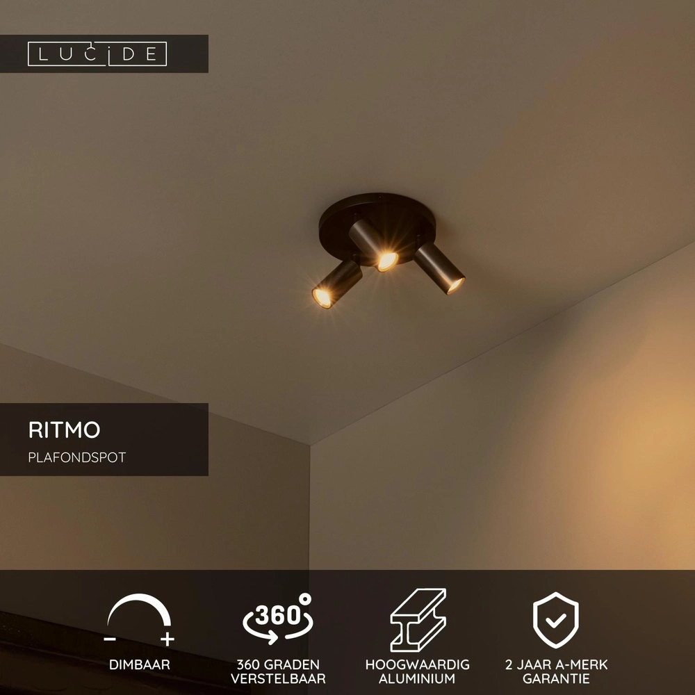 Ceiling spotlight Ritmo mini GU10 3-light coffee brown Lucide 5411212094025