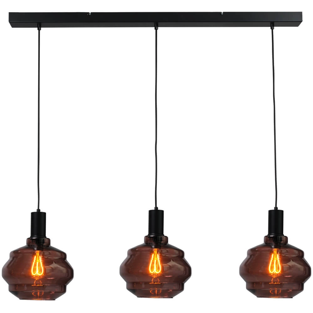 3-light hanging lamp - black - Porto with Ball red glasses - Ø 24cm