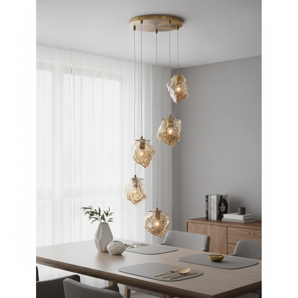 Pendant lamp Odelle 5-light gold with amber glass