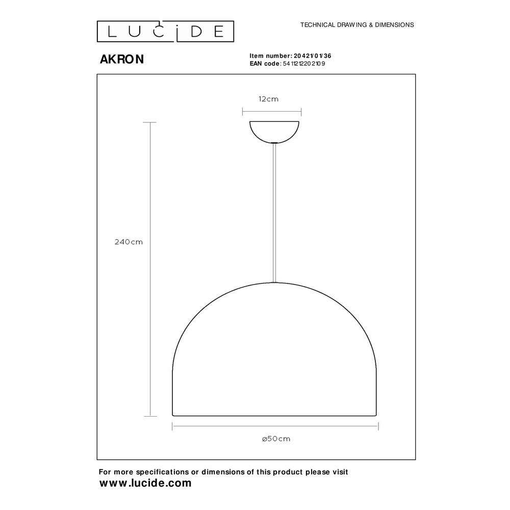 Modern concrete gray pendant lamp Akron Ø 50cm - 1x E27 Premium by Lucide 5411212202109